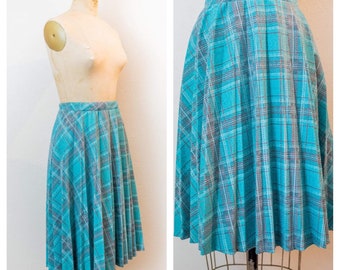 Vintage 60s 70s turquoise plaid retro pleated wool swing skirt, midi length, geeky academia, medium