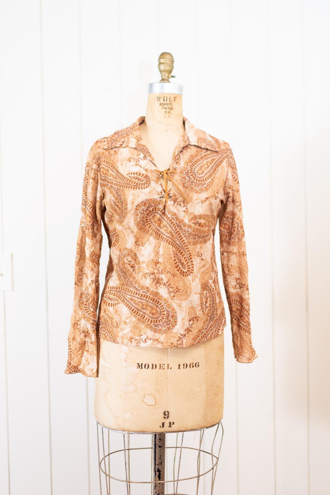 Vintage Y2K Boho Blouse M, Brown Cream Paisley Sheer Lace-Up V-Neck Hippie Fairycore Shirt