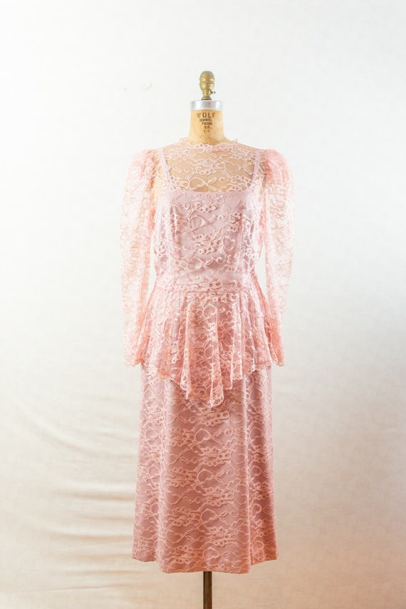 Vintage 70s Blush Pink Lace Midi Bridesmaid Prom D