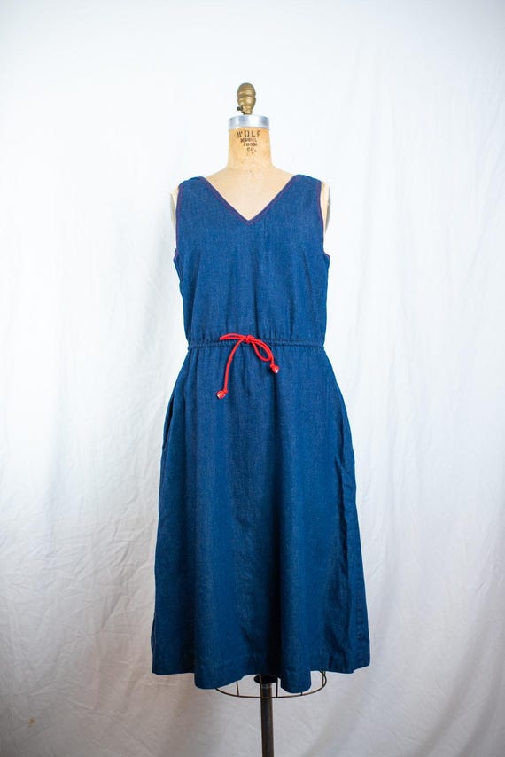 Vintage 90s Denim Jumper Midi Dress, Dark Wash Jean Pinafore Red Trim, Cottagecore Autumn, Small
