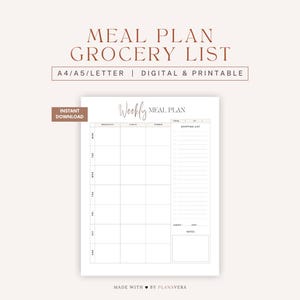 Wöchentlicher Mahlzeitenplaner - Druckbare Einkaufsliste, Notizen, Menü Organizer für Gesunde Ernährung, Fitness & Zeitmanagement - DIN A4 Format.