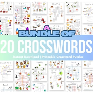 May include: A bundle of 20 printable crossword puzzles for children. The puzzles cover a variety of topics, including body parts, animals, food, clothes, transport, days of the week, vegetables, sports, insects, and more.