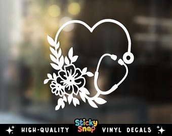 Bloemen stethoscoop hart sticker, verpleegkundige vinyl auto sticker, schattige arts raamsticker, verpleging laptop sticker, stethoscoop vinyl sticker voor haar