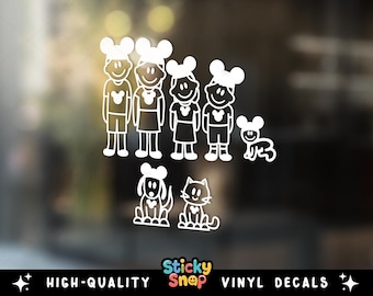 Famiglia di omini stilizzati con orecchie da topo, adesivo personalizzato per la famiglia, adesivo in vinile personalizzato per auto con famiglia stilizzata, adesivo per finestrino auto, adesivo in vinile per una famiglia carina