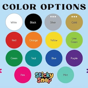 The image is a color options guide with various colored circles representing different color choices. There are twelve color options displayed, including white, black, silver, gold, red, orange, yellow, lime green, blue, purple, pink, teal, and mint. The guide is set against a light blue background with colorful flowers on either side.
