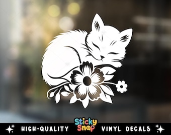 Adesivo in vinile con gatto carino, adesivo per paraurti auto con gatto addormentato, adesivo in vinile con gattino floreale, adesivo per auto carino, adesivo per finestrini, regalo per amanti dei gatti