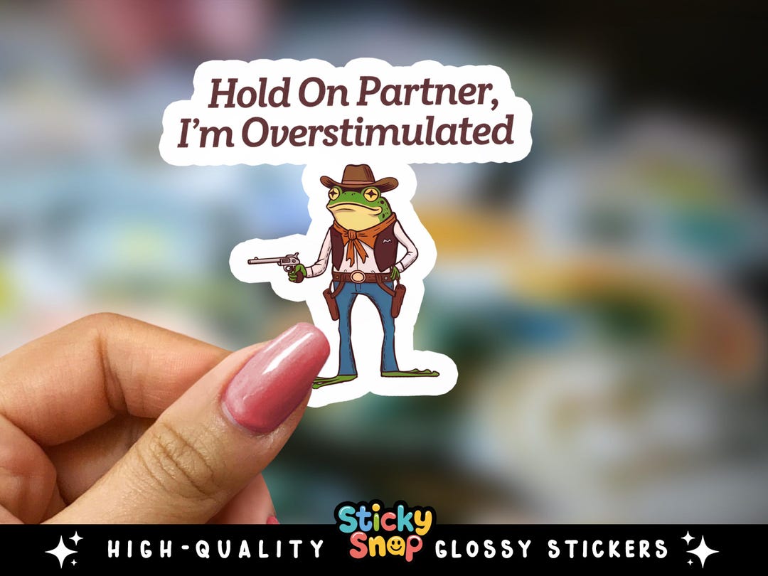 Hold on Partner Im Overstimulated Sticker, Funny Cowboy Frog Decal ...