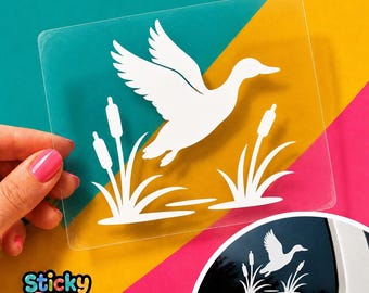 Flying Duck Hunting Decal, Waterfowl Car Window Sticker, Mallard Hunter Gift with Cattails