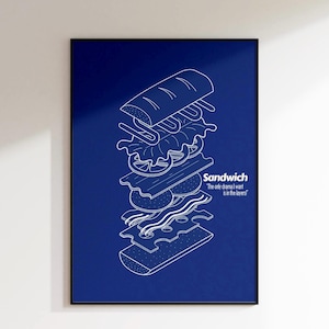 Könnte beinhalten: Eine blaue und weiße Illustration eines Sandwiches mit dem Text "Sandwich" und "The only drama I want is in the layers."
