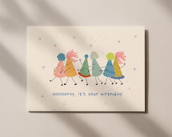 Funny colorful birthday card with party hats – birthday postcard
