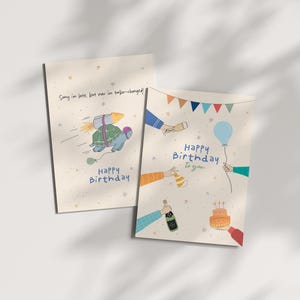 Set di 2 cartoline di compleanno, divertente tartaruga razzo (stampata) + festa di buon compleanno, 350 g opaca FSC