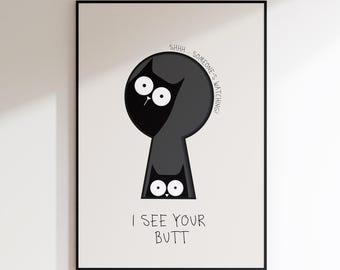 Funny Cat Bathroom Poster “I See Your Butt” – Printable Wall Art (JPG/PNG/PDF) | Toilet & Guest Bathroom Decor