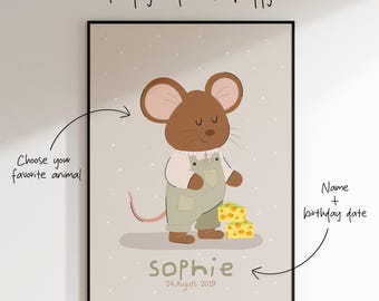 Personalized kids poster – name & birthday – animal of choice – gift for birth/baptism/birthday – nursery wall art