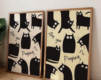 Funny toilet poster “Are you pooping?” – cat illustration, guest toilet decoration, Scandinavian, butter yellow/beige