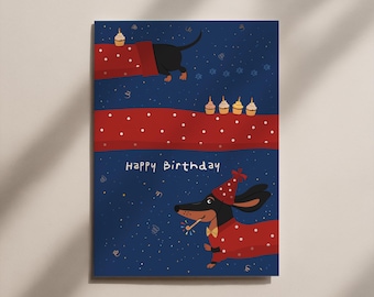 Dachshund birthday postcard – Cute funny dog card – Happy Birthday postcard – Funny dachshund greeting card for dog lovers