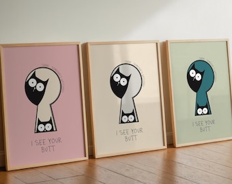 Funny Bathroom Poster Cat I See Your Butt Keyhole Poster, Many Colors and Sizes, Toilet Decoration Gift