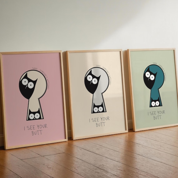 Lustiges Badezimmer Poster Katze I See Your Butt Schlüsselloch Poster, viele Farben und Größen, WC Deko Geschenk