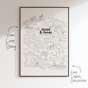 May include: A black and white illustration of a map with landmarks and the text "Eloise & Jonas Unsere Geschichte". The map is surrounded by a black frame.