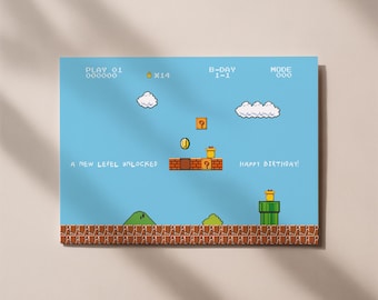 Tarjeta de cumpleaños de videojuegos retro – Tarjeta de juego pixelada “Nuevo nivel desbloqueado”, regalo para gamers, tarjeta de cumpleaños divertida