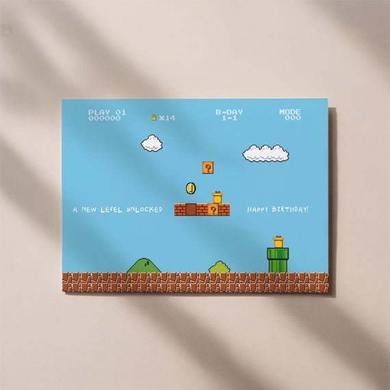 Retro Gaming Geburtstagskarte – Pixel Game Karte „New Level Unlocked“, Gamer Geschenk, lustige Birthday Card