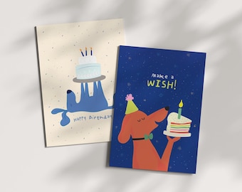 Birthday postcard set with dog design (2 cards) – cute illustration, birthday card for children, friends & dog lovers