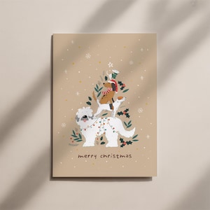 Kerstkaart “Vrolijk Kerstfeest” – hondenillustratie, ansichtkaart 12 × 17,5 cm, natuurlijk beige, glanzende voorkant, beschrijfbare achterkant
