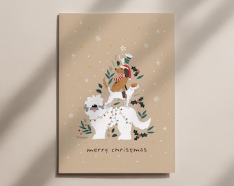 Kerstkaart “Vrolijk Kerstfeest” – hondenillustratie, ansichtkaart 12 × 17,5 cm, natuurlijk beige, glanzende voorkant, beschrijfbare achterkant