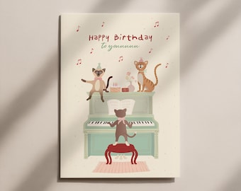 Cat Birthday Card – Birthday card with a cute cat motif and piano illustration