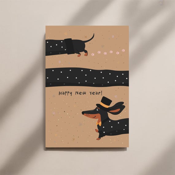 Dackel Neujahrskarte – Happy New Year Postkarte, Silvesterkarte Hund, witzige Grußkarte, Illustration, Format 12x17,5 cm