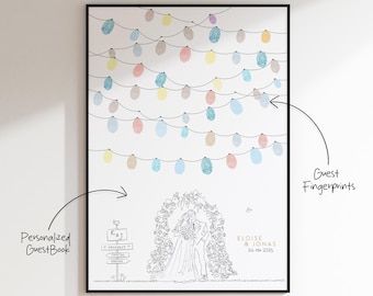 May include: A framed wedding guest book alternative with a black border. The artwork features a string of colorful lights above a drawing of a couple under an archway. The text reads "Eloise & Jonas 24 Mai 2025". Guests can add fingerprints.
