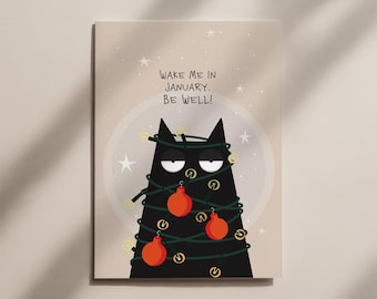 おもしろいクリスマスカード猫 – 「1月に起こして」 – グランピーキャットの雰囲気、ミニマリスト、猫好きのためのポストカード
