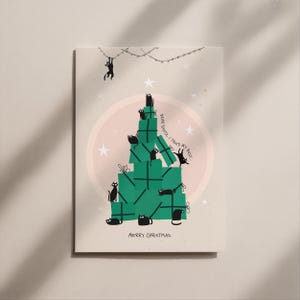 Weihnachtskarte Katzen – „Dear Santa, I Tried My Best“ – lustige Cat Christmas Card, Geschenkboxen-Tannenbaum, minimal & modern