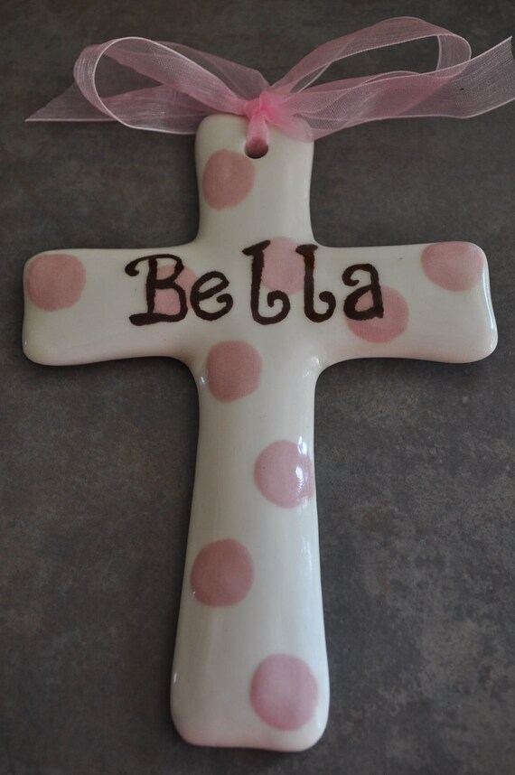 Items similar to Personalized Pink Dot Ceramic Cross Great for Baby