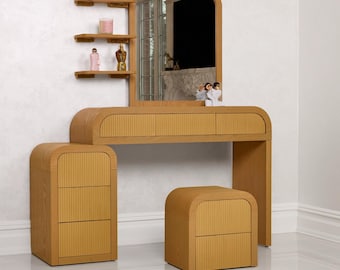 Fluted Makeup Vanity Desk with Mirror, Stool, 8 Drawers, 3 Shelves, Ash Veneer, Modern Style