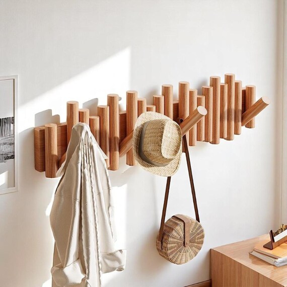 Staggered Coat Hooks Wooden Coat Hanger With Staggered Black PVC Hooks