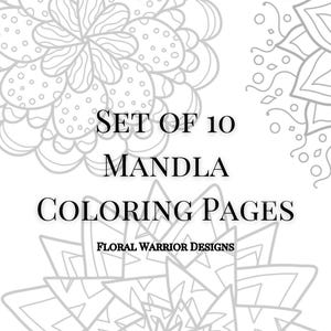 Set of 10 Mindful Coloring Digital Download - Printable Mandala Coloring Pages for Stress Relief, Relaxation, and Art Therapy