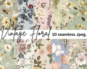 Vintage bloemen digitaal papierpakket – naadloze roos-jpeg (digitale download)