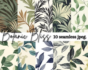 Botanic Bliss digitaal papierpakket – 10 naadloze JPEG-bladenpatronen (12 x 12 inch)