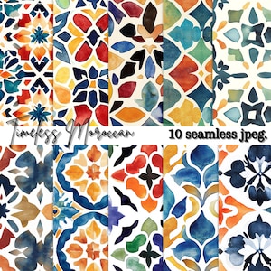 May include: Ten seamless digital paper designs featuring intricate Moroccan tile patterns in shades of blue, red, yellow, and green. The patterns are inspired by traditional Moroccan architecture and are perfect for adding a touch of exotic flair to your projects.