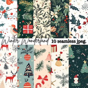 Puede incluir: Diez patrones digitales sin costuras con temas de invierno. Los patrones incluyen árboles de Navidad, adornos, copos de nieve, bastones de caramelo, acebo, bayas y otros elementos festivos. Los patrones son de varios colores, incluidos rojo, verde, azul, blanco y beige.