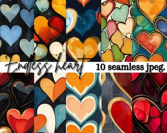 Endless Heart digitaal papierpakket – 10 romantische naadloze patronen (JPEG)