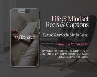May include: A smartphone screen displaying a graphic with the text "Here's What Successful People Won't Tell You" and the words "Life & Mindset Reels & Captions" above a black leather chair. The text "Elevate Your Social Media Game" is below the chair. The text "MRR and PLR included" is below the chair. The text "SAY GOODBYE TO THE FRUSTRATION OF CONTENT CREATION WITH OUR ULTIMATE INSTAGRAM POST BUNDLE." is below the chair.