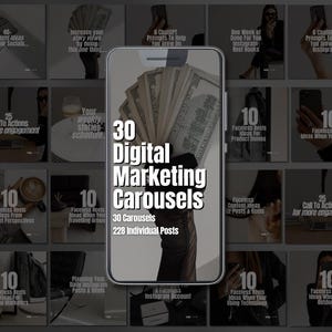 Könnte beinhalten: Eine Collage aus 30 digitalen Marketing-Karussells, die jeweils einen anderen Tipp oder eine andere Idee zum Wachstum Ihres Unternehmens auf Instagram präsentieren. Die Karussells werden auf einem Smartphone-Bildschirm angezeigt, im Hintergrund ist ein Stapel Bargeld zu sehen. Der Text "30 Digitale Marketing-Karussells" ist prominent in der Mitte des Bildes platziert.