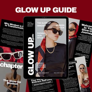 Könnte beinhalten: Ein digitales Tablet zeigt den Titel "GLOW UP GUIDE" mit einer Frau, die eine Sonnenbrille und einen Schal trägt. Der Ratgeber behandelt Themen wie Denkweise, Hautrituale und Selbstpflege, mit zusätzlichen Seiten sichtbar.