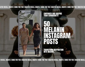 Peut inclure: L'écran d'un téléphone affichant un produit numérique intitulé "50 Melanin Instagram Posts: Transform Inspiration into Income..." avec deux femmes en arrière-plan. Le texte "Empower and Inspire Your Community!" est en haut de l'écran.