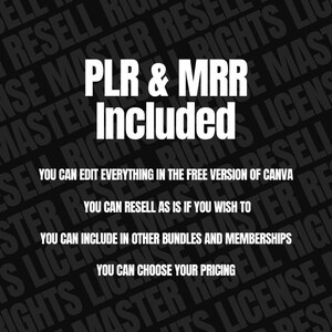 May include: Black and white text on a black background. The text reads "PLR & MRR Included". Below the text are four lines of text describing the rights included with the purchase. The text reads: "You can edit everything in the free version of Canva", "You can resell as is if you wish to", "You can include in other bundles and memberships", "You can choose your pricing".
