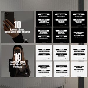 May include: A black and white graphic with the text "10 Faceless Reels Ideas When Your At Home" and "10 Faceless Reels Ideas When Your Outdoors". The graphic is divided into 12 squares, each with a different idea for a faceless reel.