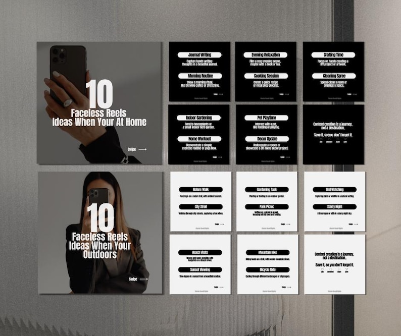 May include: A black and white graphic with the text "10 Faceless Reels Ideas When Your At Home" and "10 Faceless Reels Ideas When Your Outdoors". The graphic is divided into 12 squares, each with a different idea for a faceless reel.