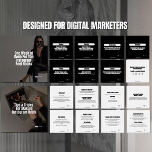 May include: A black and white graphic with the text "Designed for Digital Marketers" at the top. The graphic is divided into 12 squares, each with a different tip for making Instagram Reels. The tips include "One Week of Done For You Instagram Reel Hooks" and "Tips & Tricks for Making Instagram Reels".