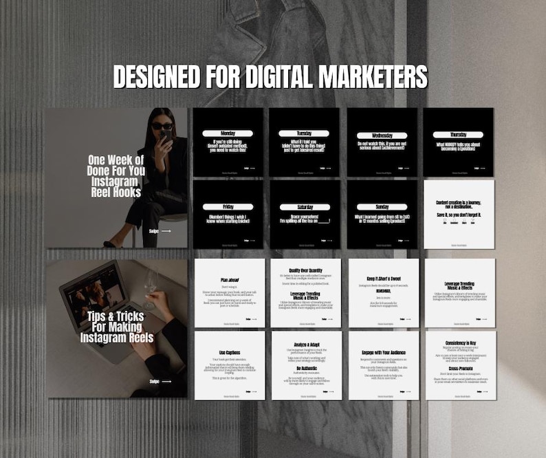 May include: A black and white graphic with the text "Designed for Digital Marketers" at the top. The graphic is divided into 12 squares, each with a different tip for making Instagram Reels. The tips include "One Week of Done For You Instagram Reel Hooks" and "Tips & Tricks for Making Instagram Reels".